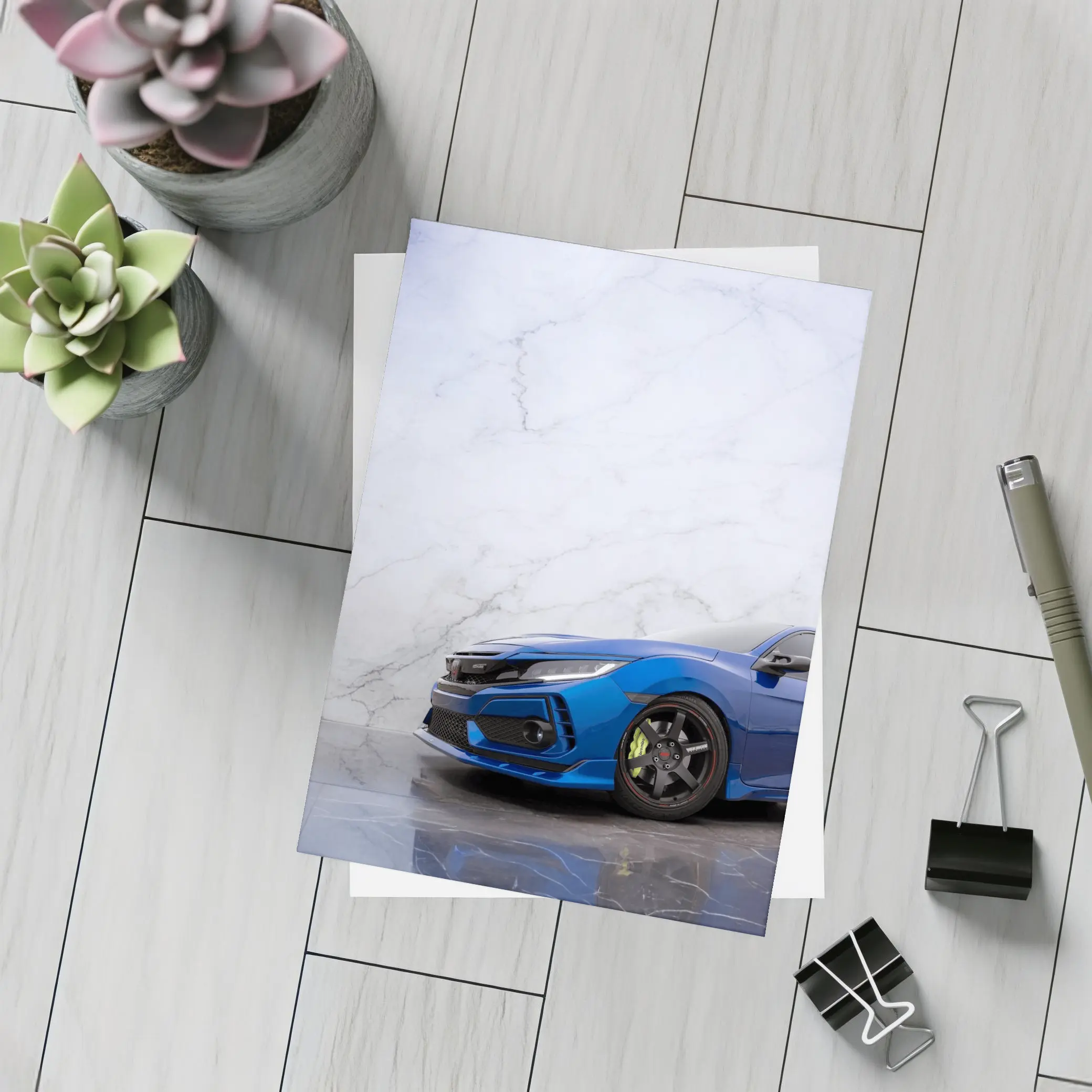 Honda Civic Blue Car Marble Background – Postcards