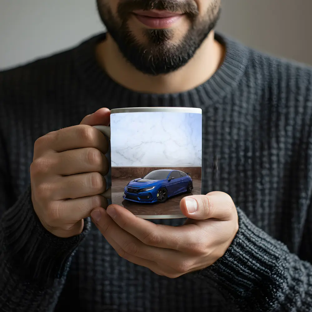 Honda Civic Blue Car on Marble Background – Mugs