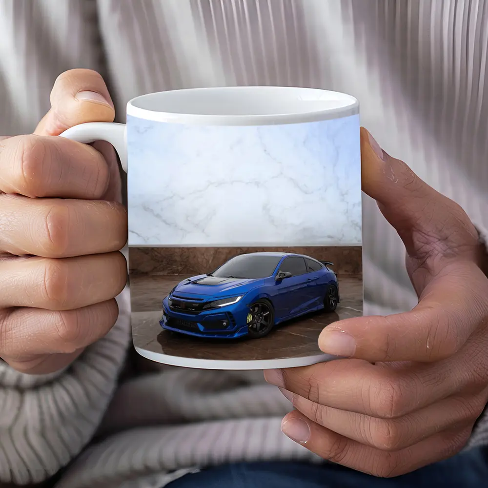 Honda Civic Blue Car on Marble Background – Mugs