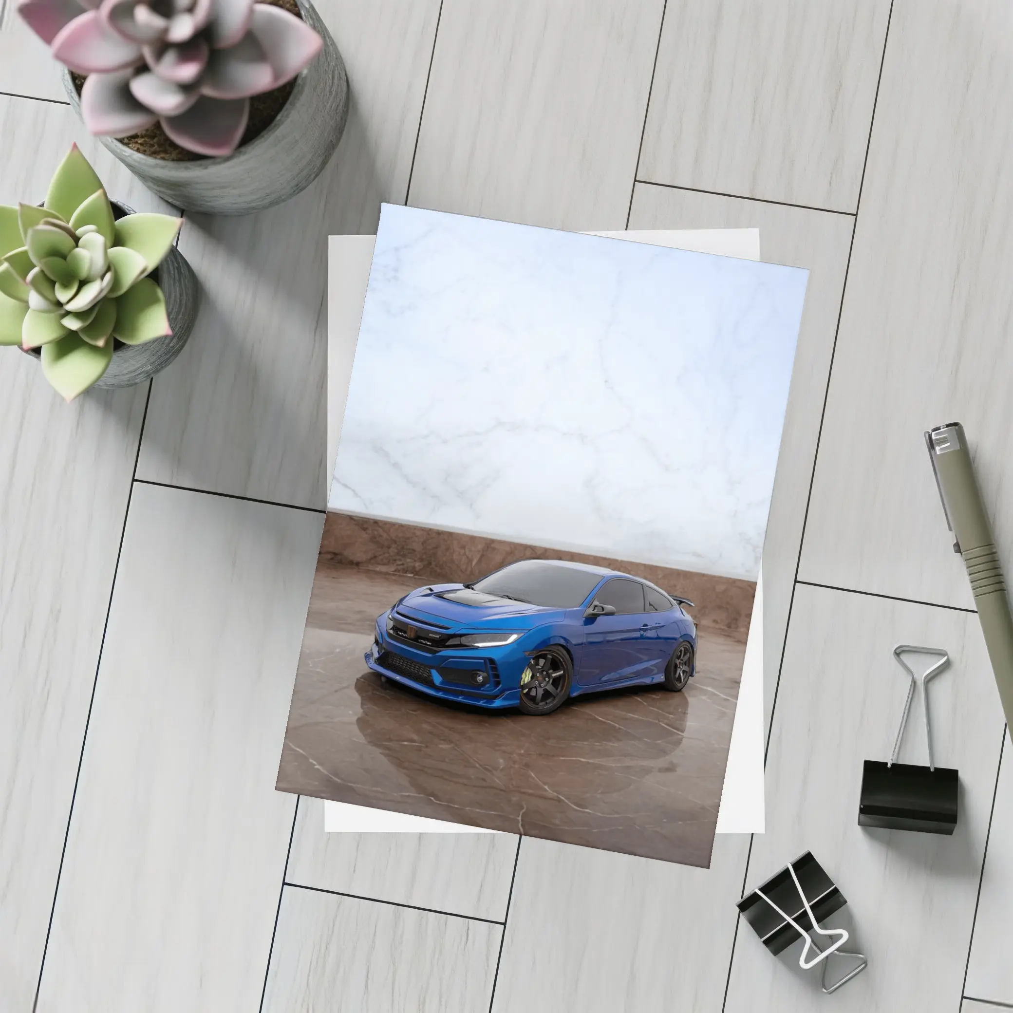 Honda Civic Blue Car on Marble Background – Postcards