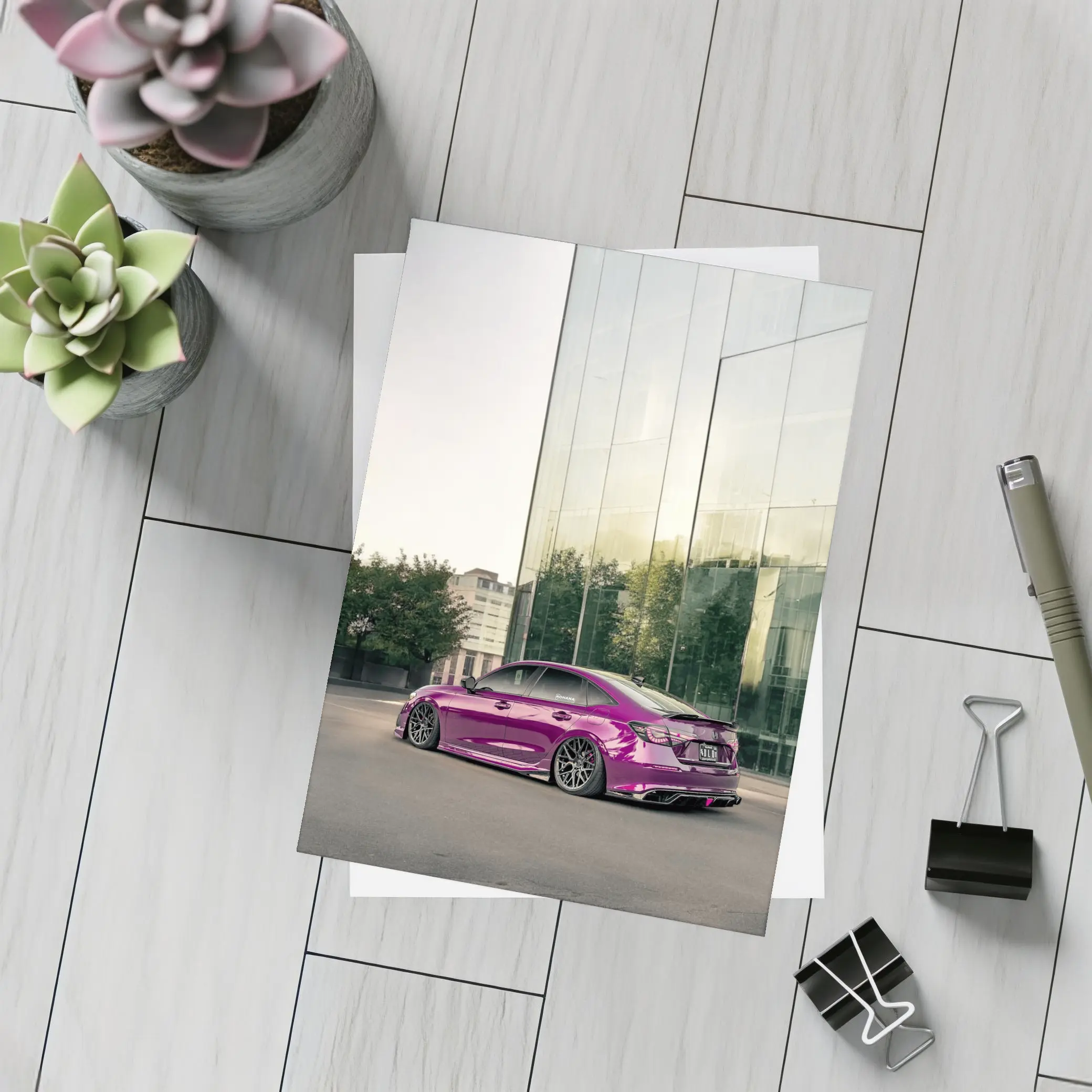 Honda Civic Purple Chrome Stance Glass Building – Postcards