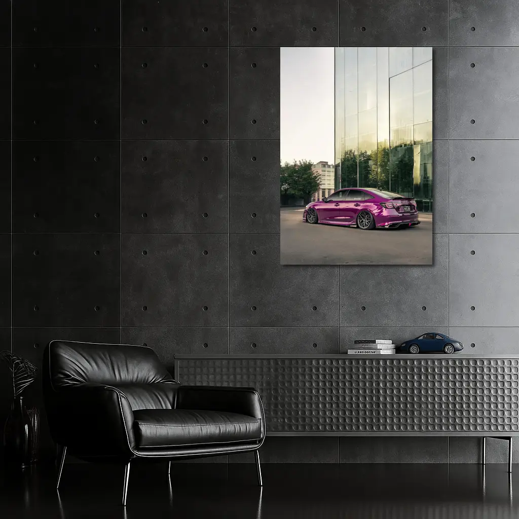 Honda Civic Purple Chrome Stance Glass Building – Wall Art