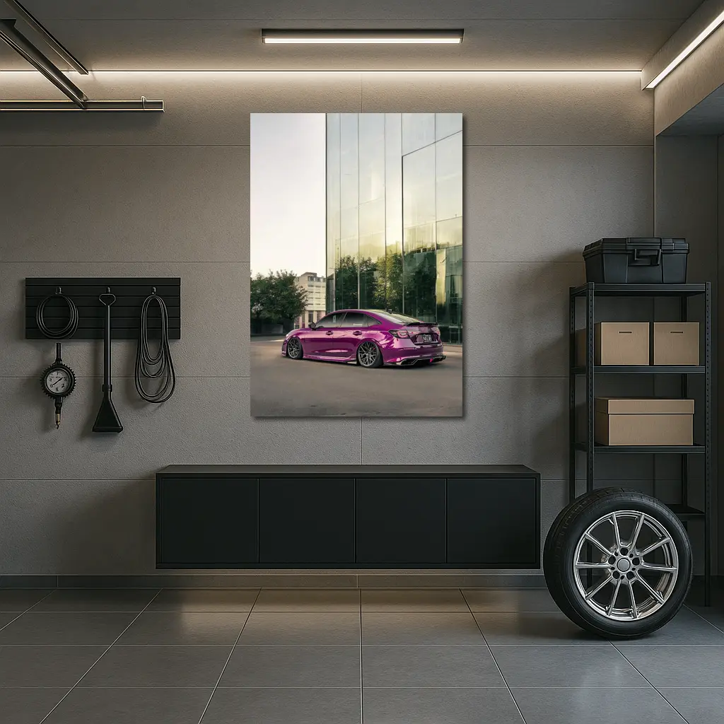 Honda Civic Purple Chrome Stance Glass Building – Wall Art