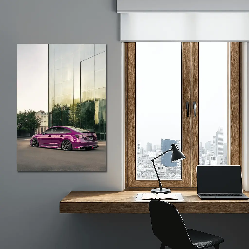Honda Civic Purple Chrome Stance Glass Building – Wall Art