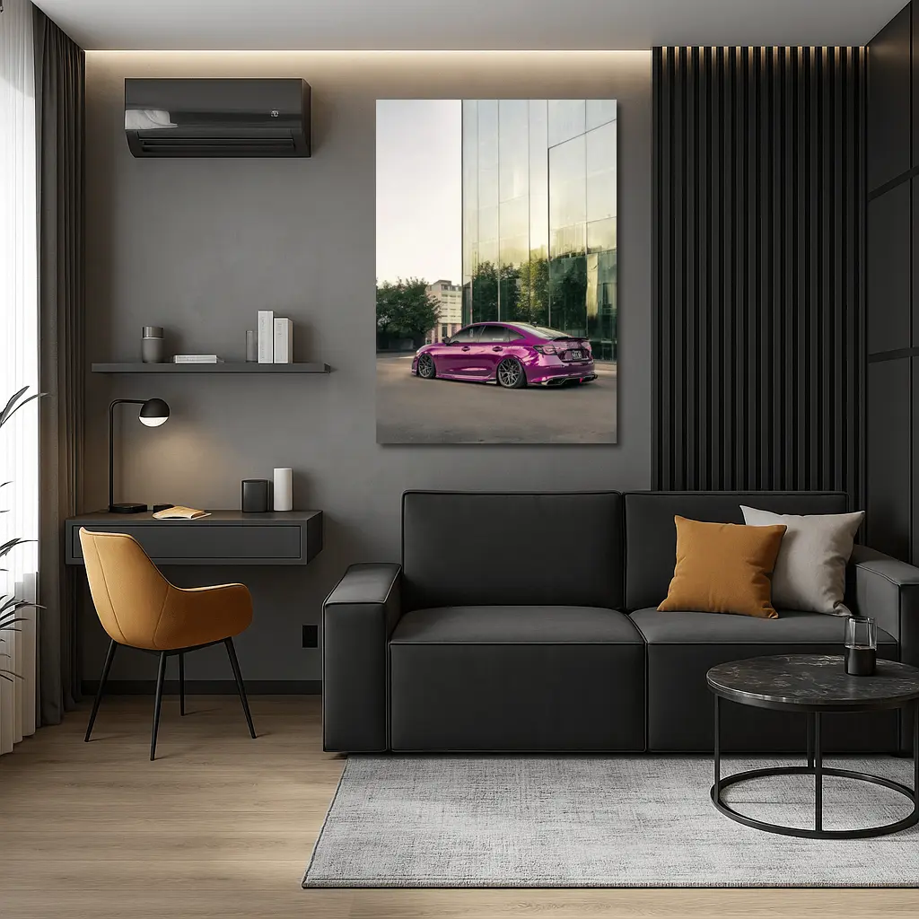 Honda Civic Purple Chrome Stance Glass Building – Wall Art