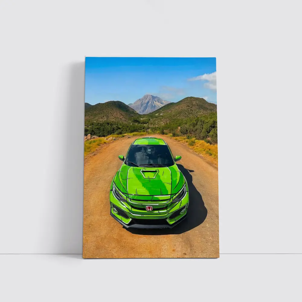 Green Honda Civic Front View Mountain Road – Wall Art