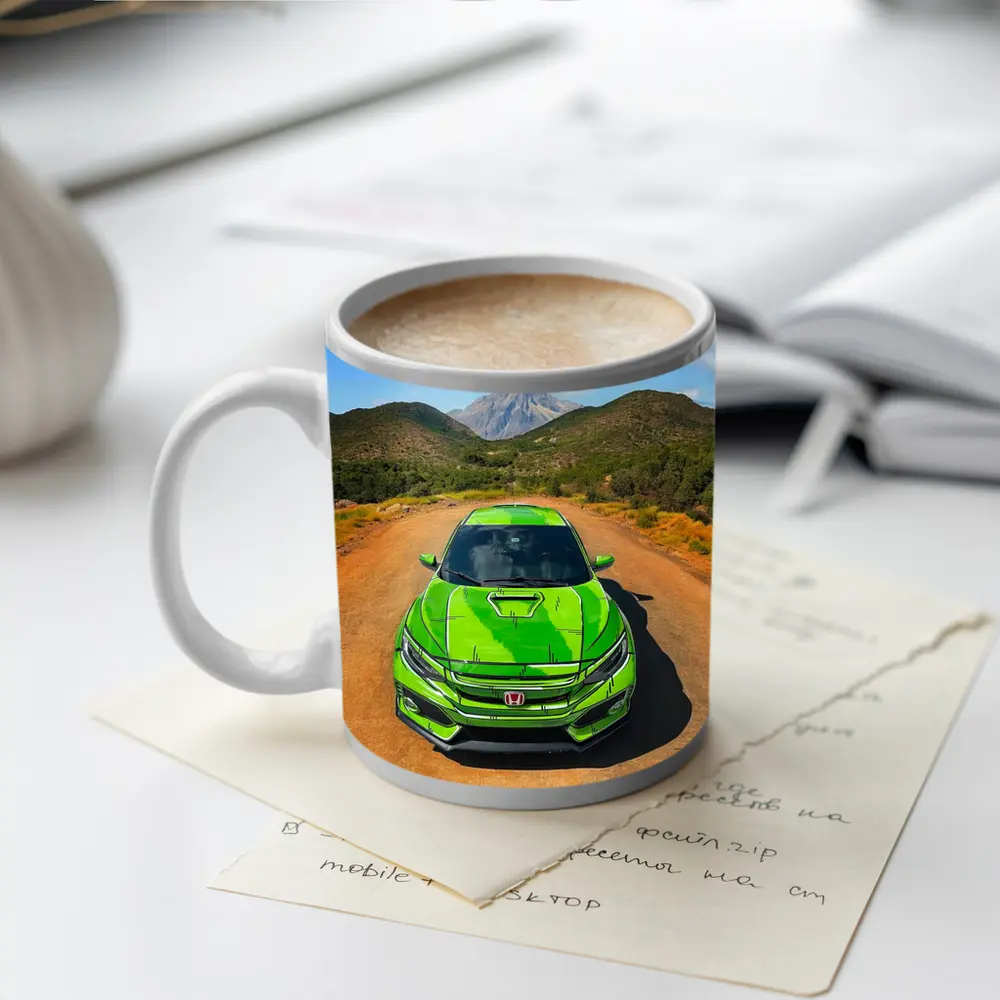 Green Honda Civic Front View Mountain Road – Mugs
