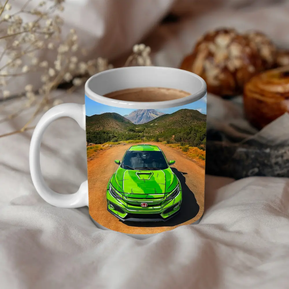 Green Honda Civic Front View Mountain Road – Mugs