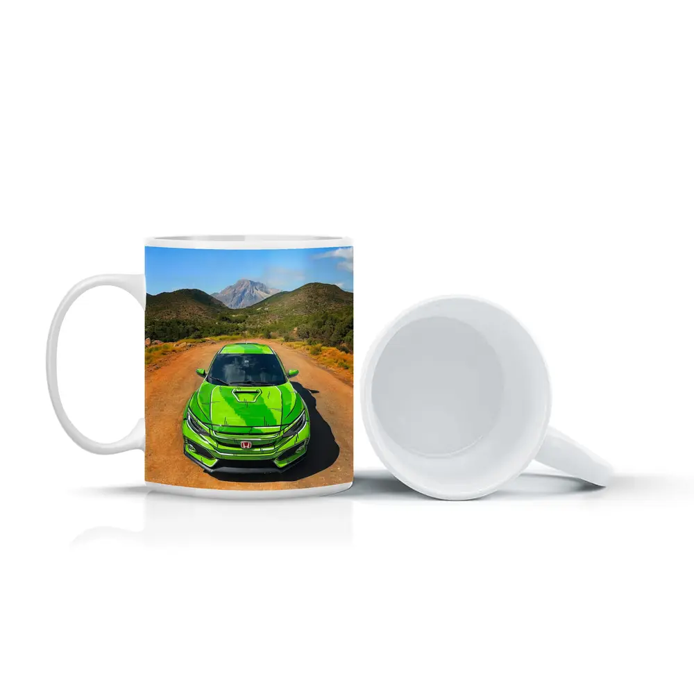 Green Honda Civic Front View Mountain Road – Mugs
