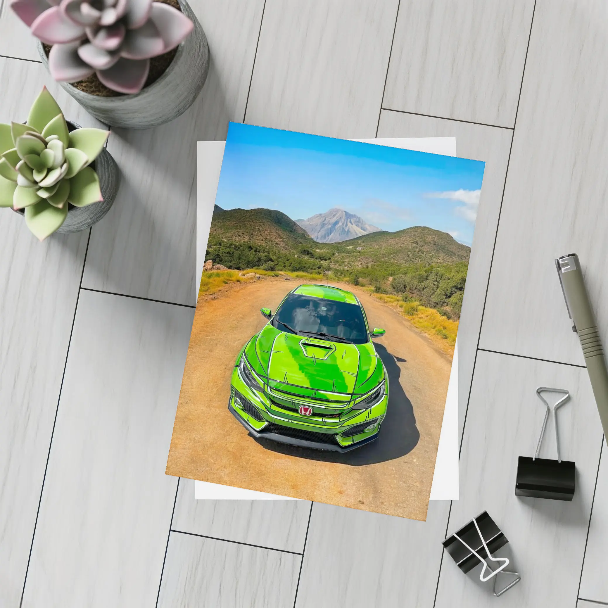 Green Honda Civic Front View Mountain Road – Postcards