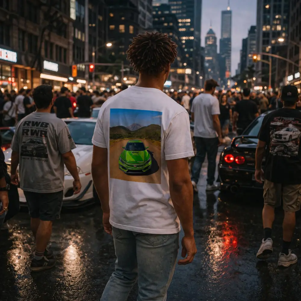 Green Honda Civic Front View Mountain Road – T-Shirts