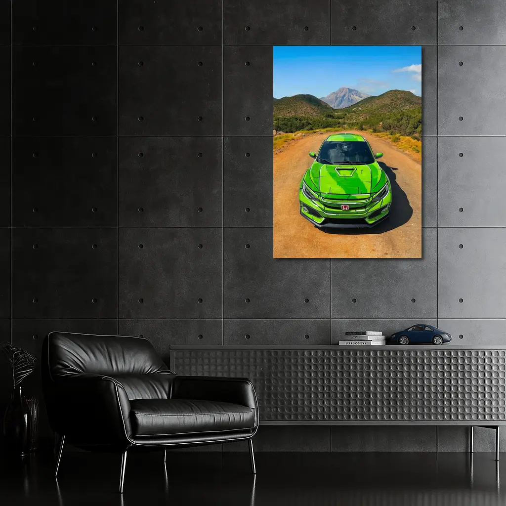Green Honda Civic Front View Mountain Road – Wall Art