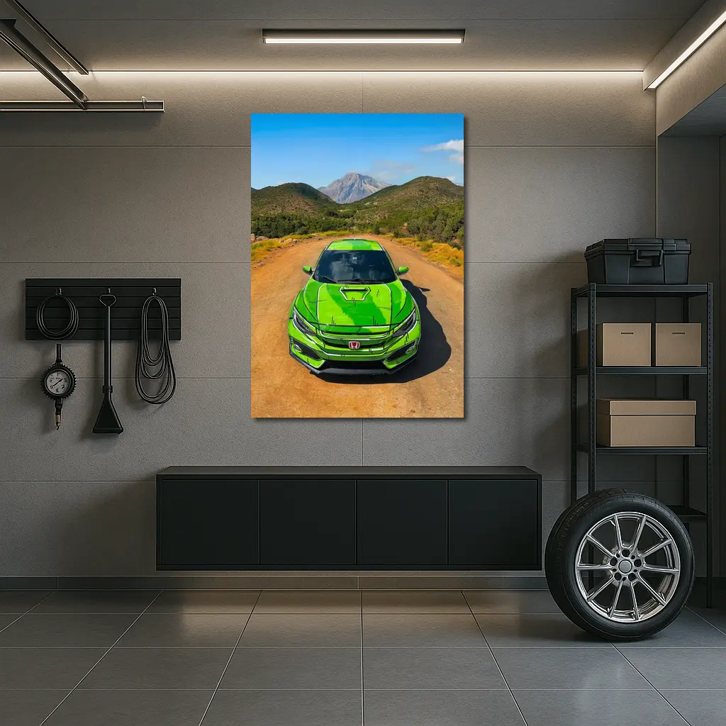 Green Honda Civic Front View Mountain Road – Wall Art