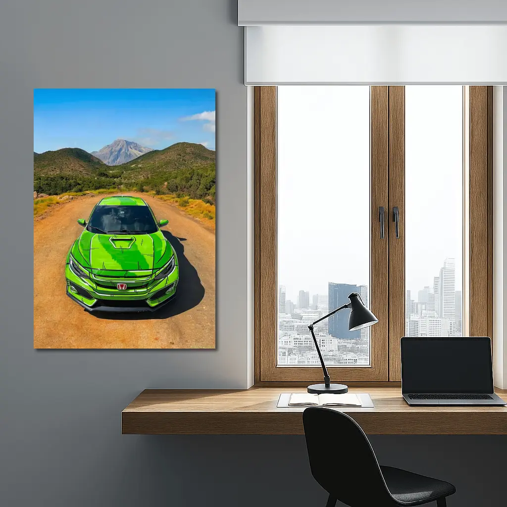 Green Honda Civic Front View Mountain Road – Wall Art