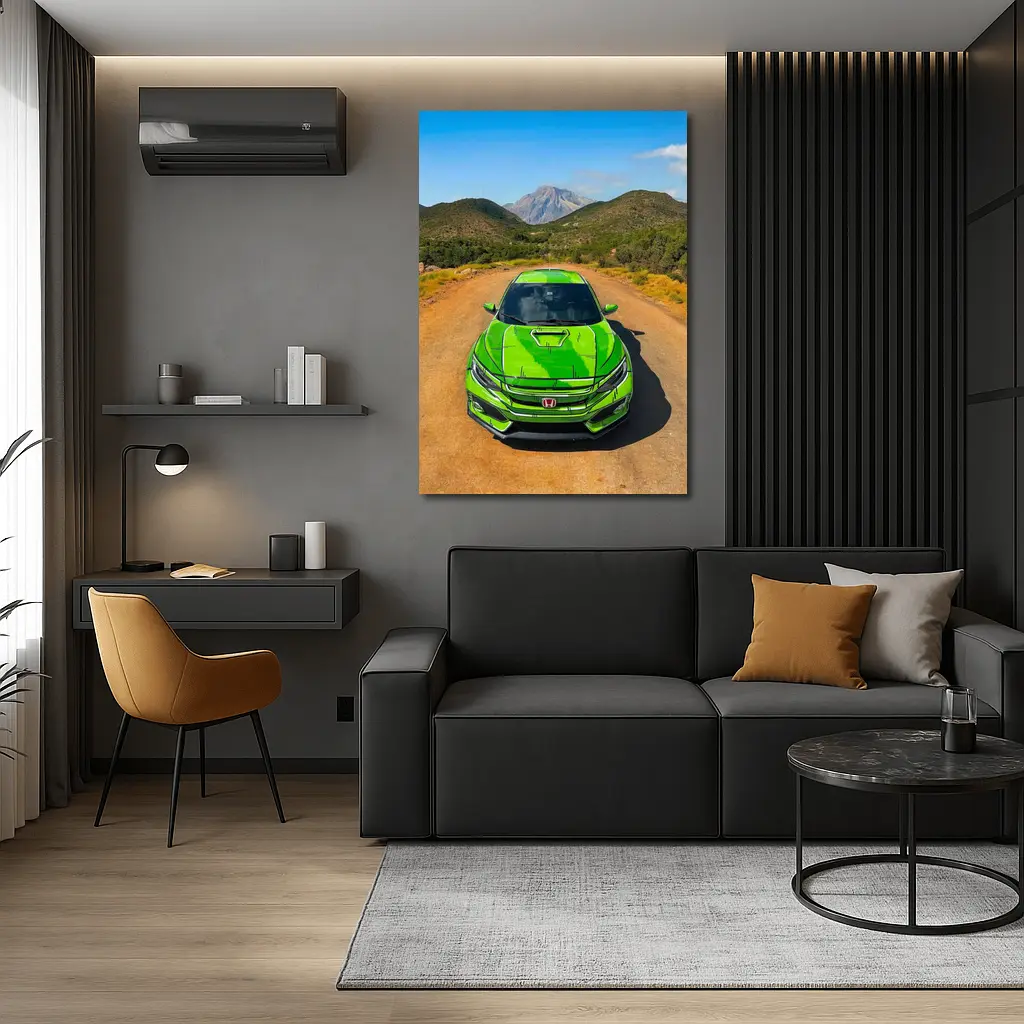 Green Honda Civic Front View Mountain Road – Wall Art