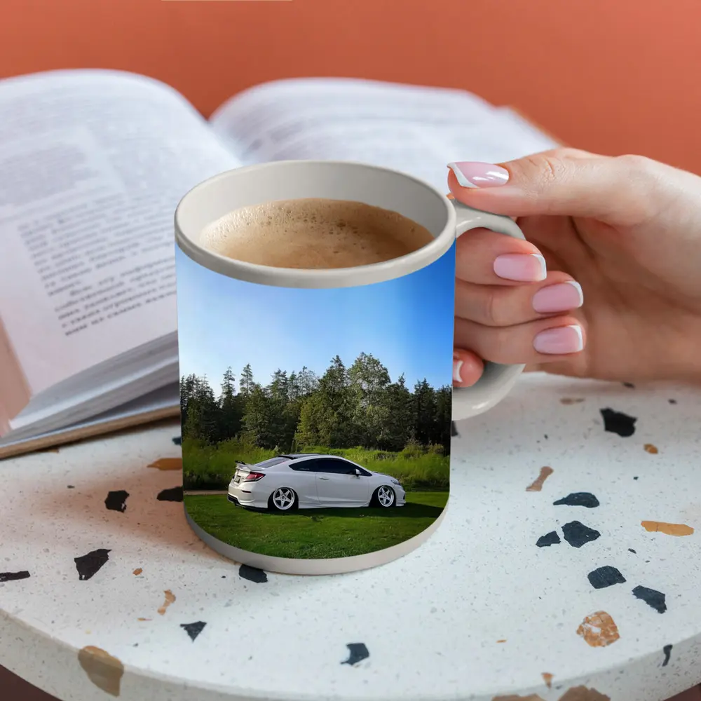 Honda Civic Coupe Slammed White Nature Setting – Mugs