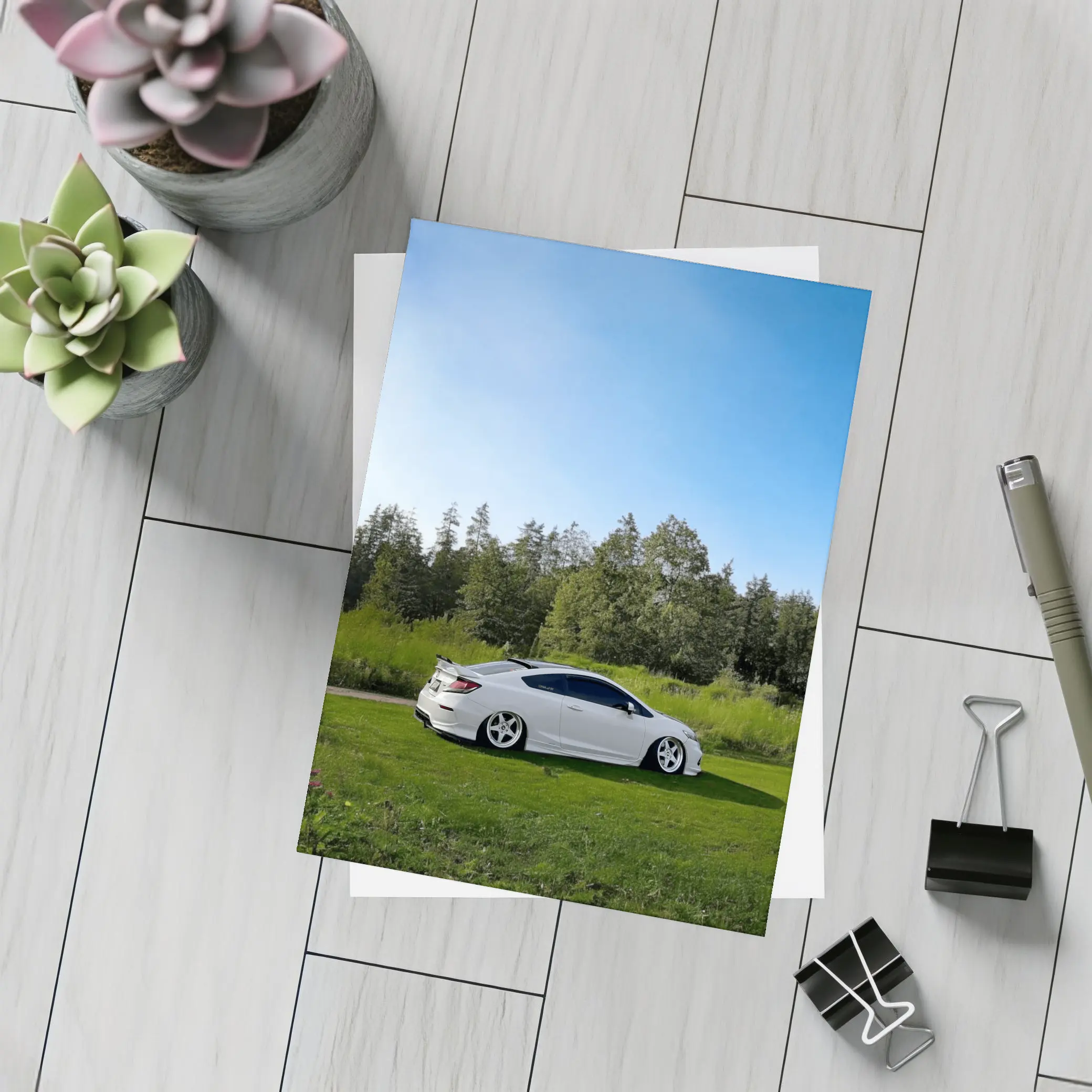 Honda Civic Coupe Slammed White Nature Setting – Postcards
