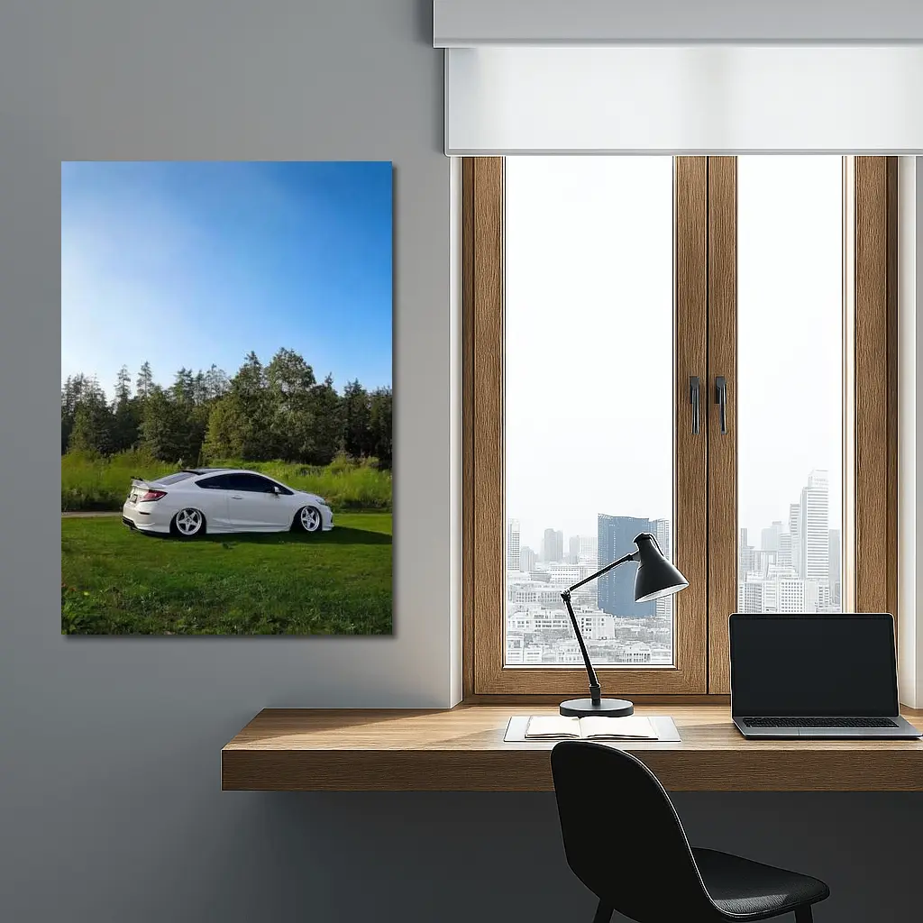 Honda Civic Coupe Slammed White Nature Setting – Wall Art