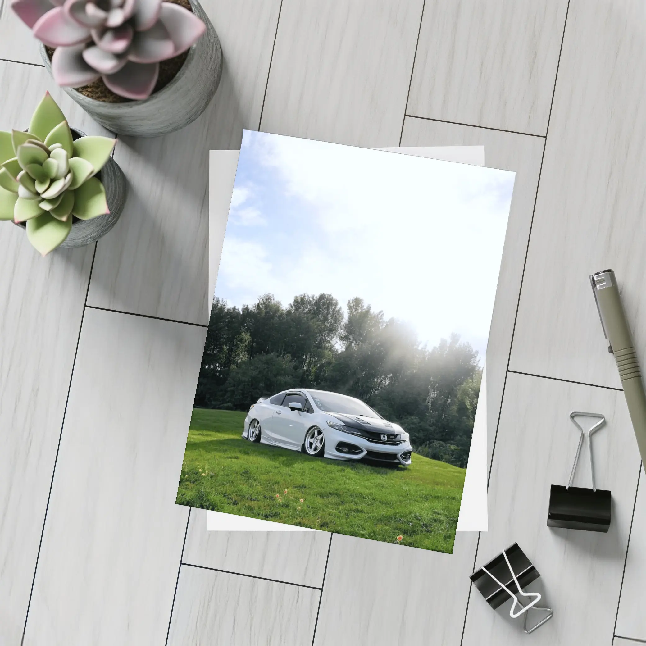 Honda Civic Coupe Slammed Green Hillside – Postcards