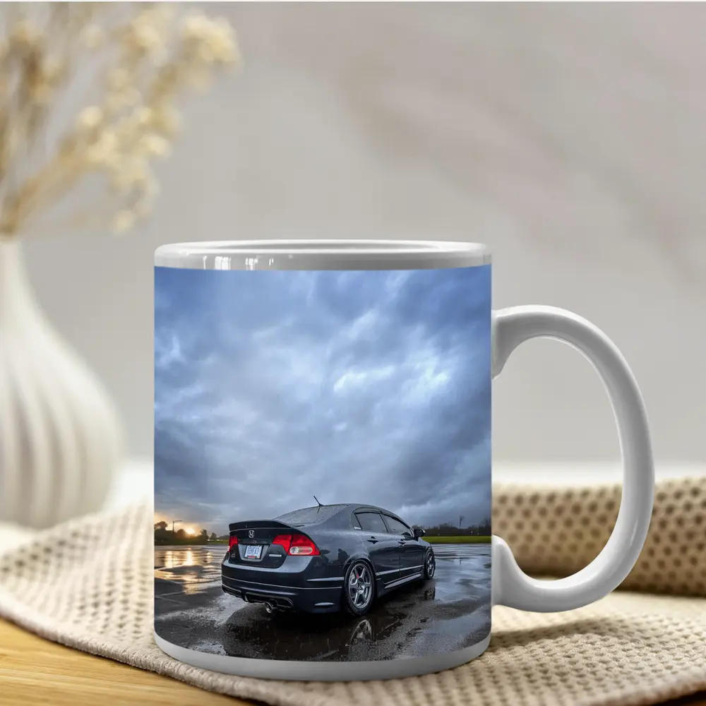 Honda Civic Sedan Wet Parking Lot Cloudy Sky – Mugs