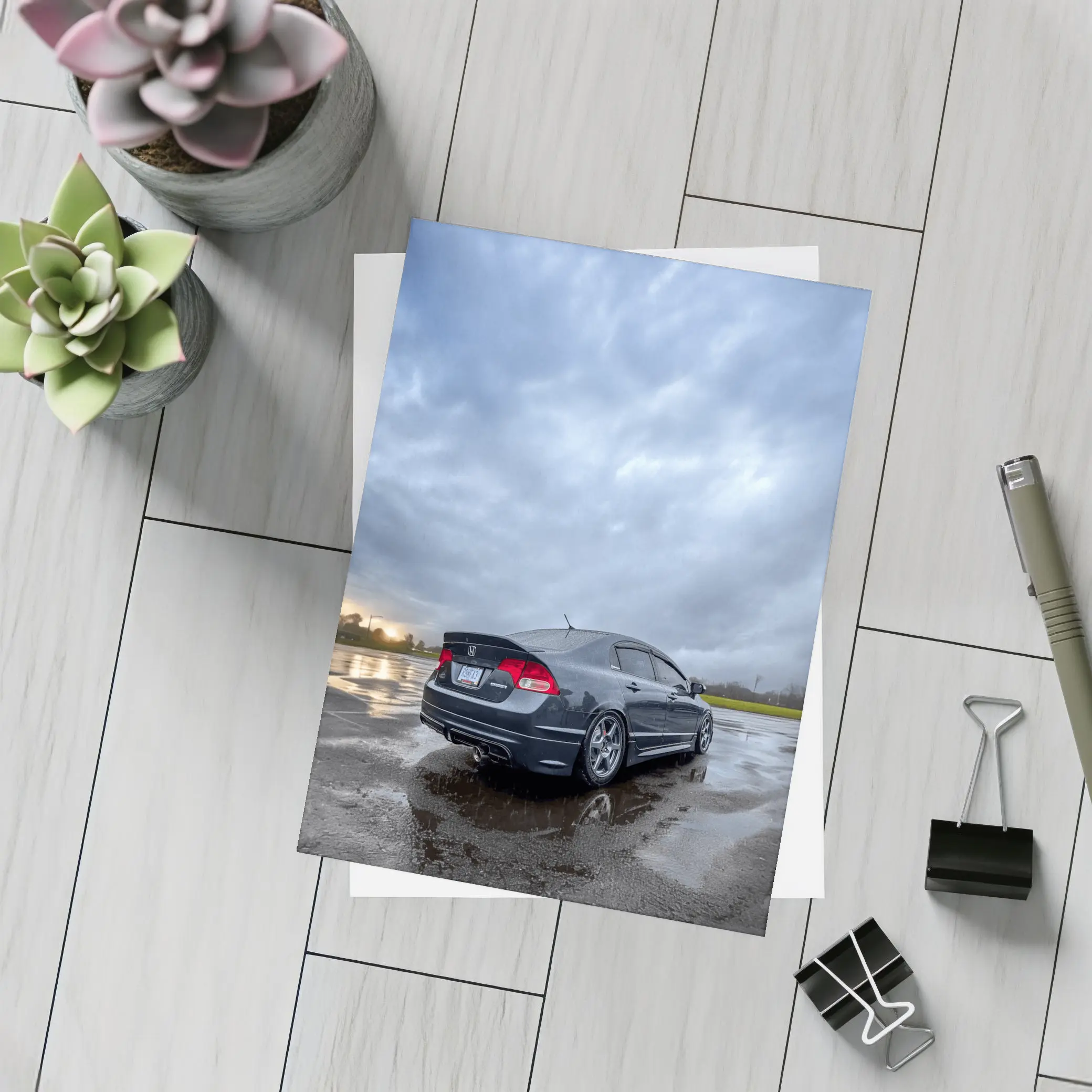 Honda Civic Sedan Wet Parking Lot Cloudy Sky – Postcards