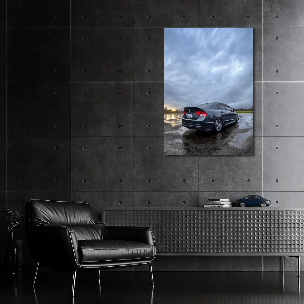 Honda Civic Sedan Wet Parking Lot Cloudy Sky – Wall Art