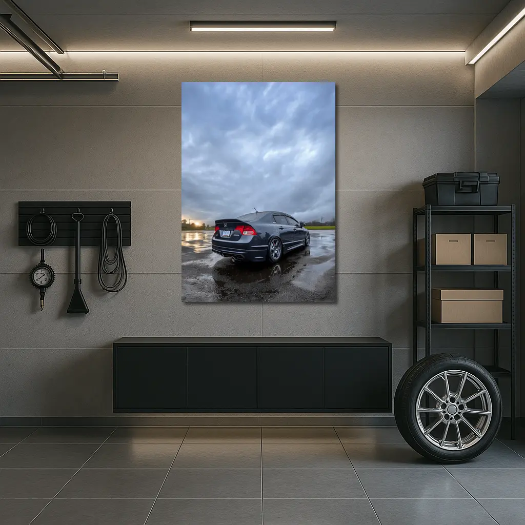 Honda Civic Sedan Wet Parking Lot Cloudy Sky – Wall Art