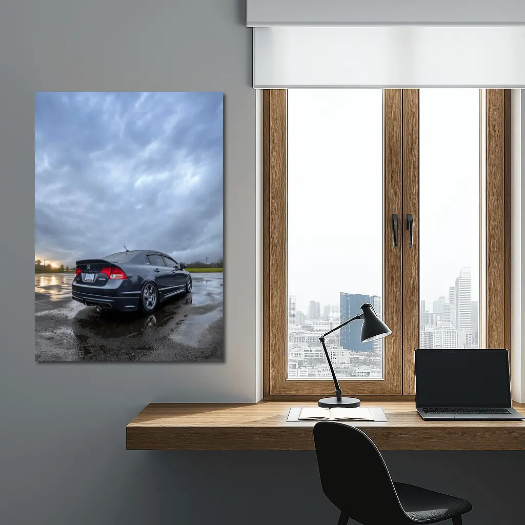 Honda Civic Sedan Wet Parking Lot Cloudy Sky – Wall Art