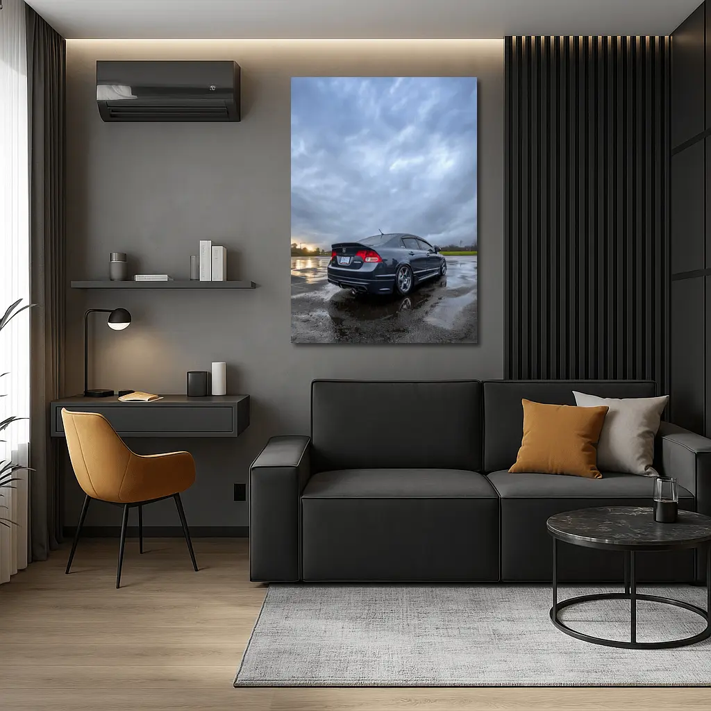Honda Civic Sedan Wet Parking Lot Cloudy Sky – Wall Art
