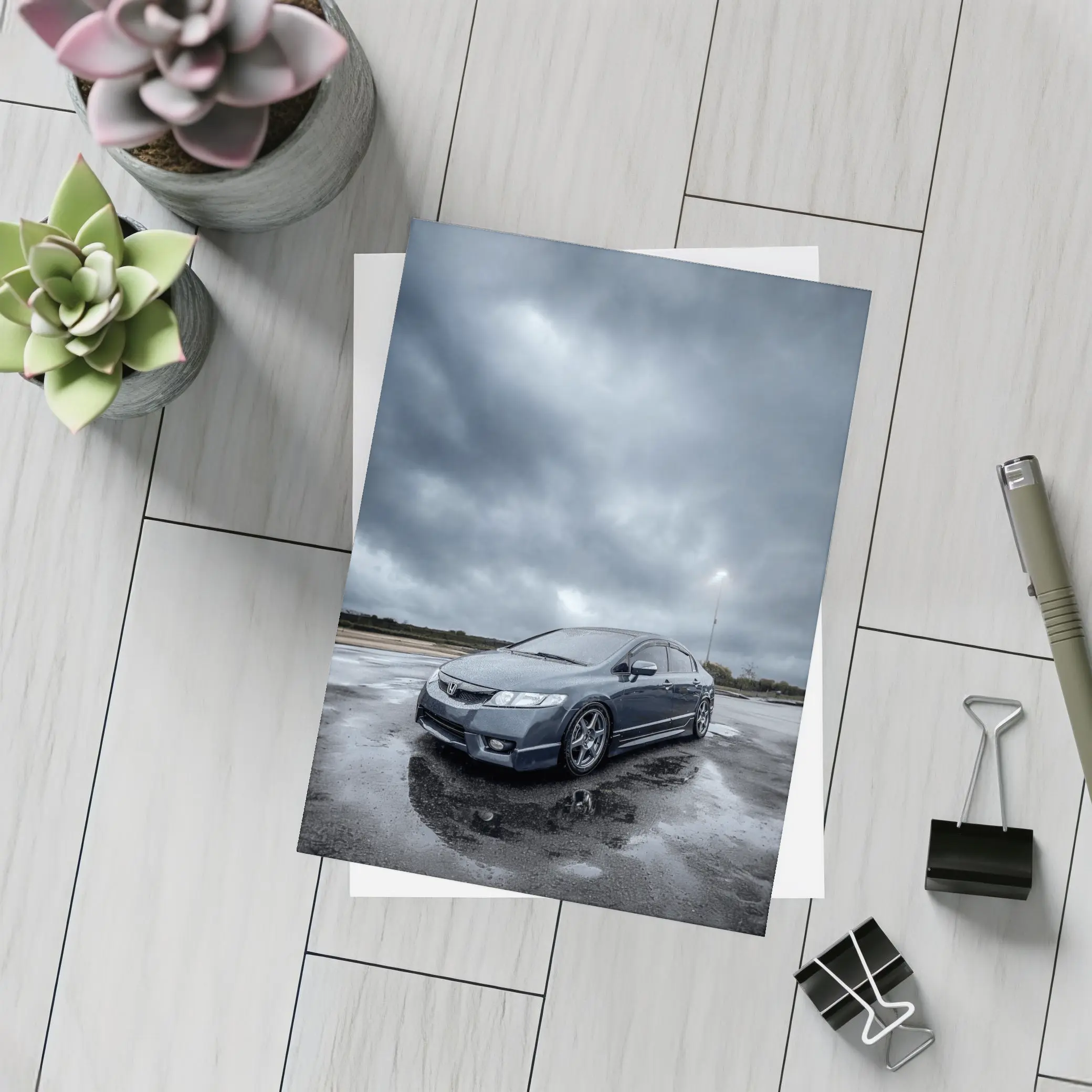 Honda Civic Sedan Wet Parking Lot Overcast – Postcards