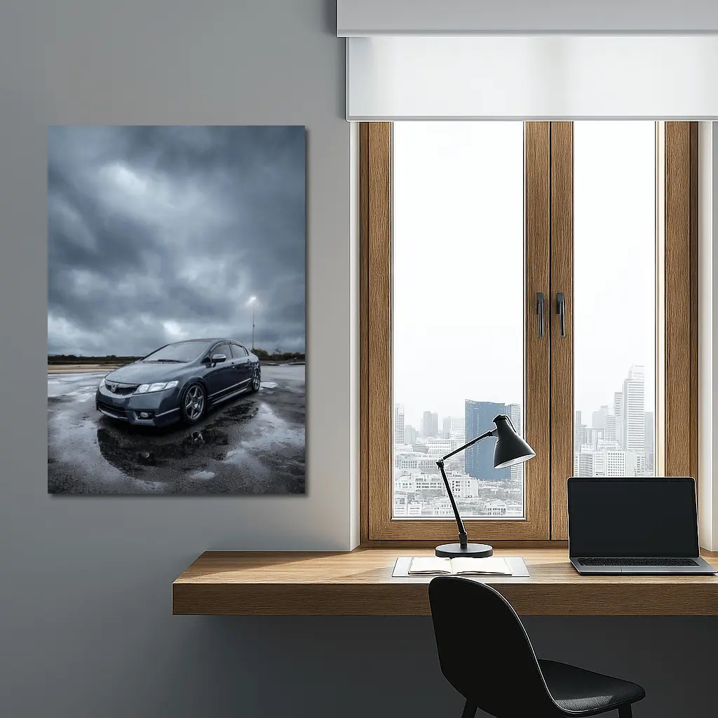 Honda Civic Sedan Wet Parking Lot Overcast – Wall Art