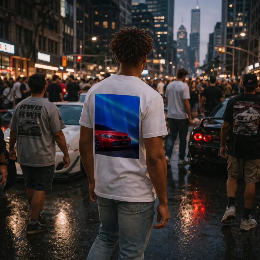 Honda Civic Red Against Blue Neon Background – T-Shirts
