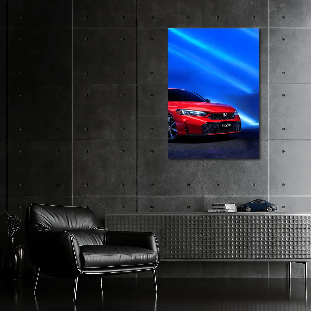 Honda Civic Red Against Blue Neon Background – Wall Art