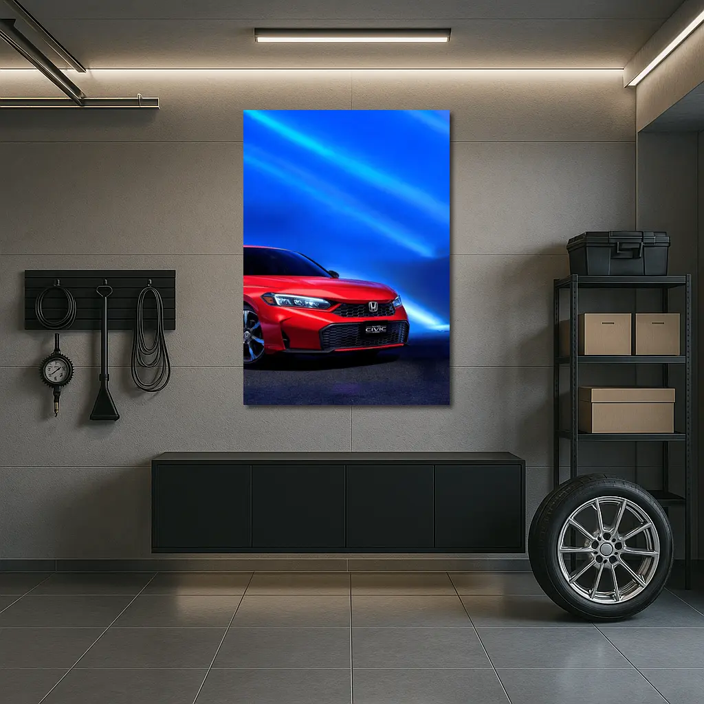 Honda Civic Red Against Blue Neon Background – Wall Art