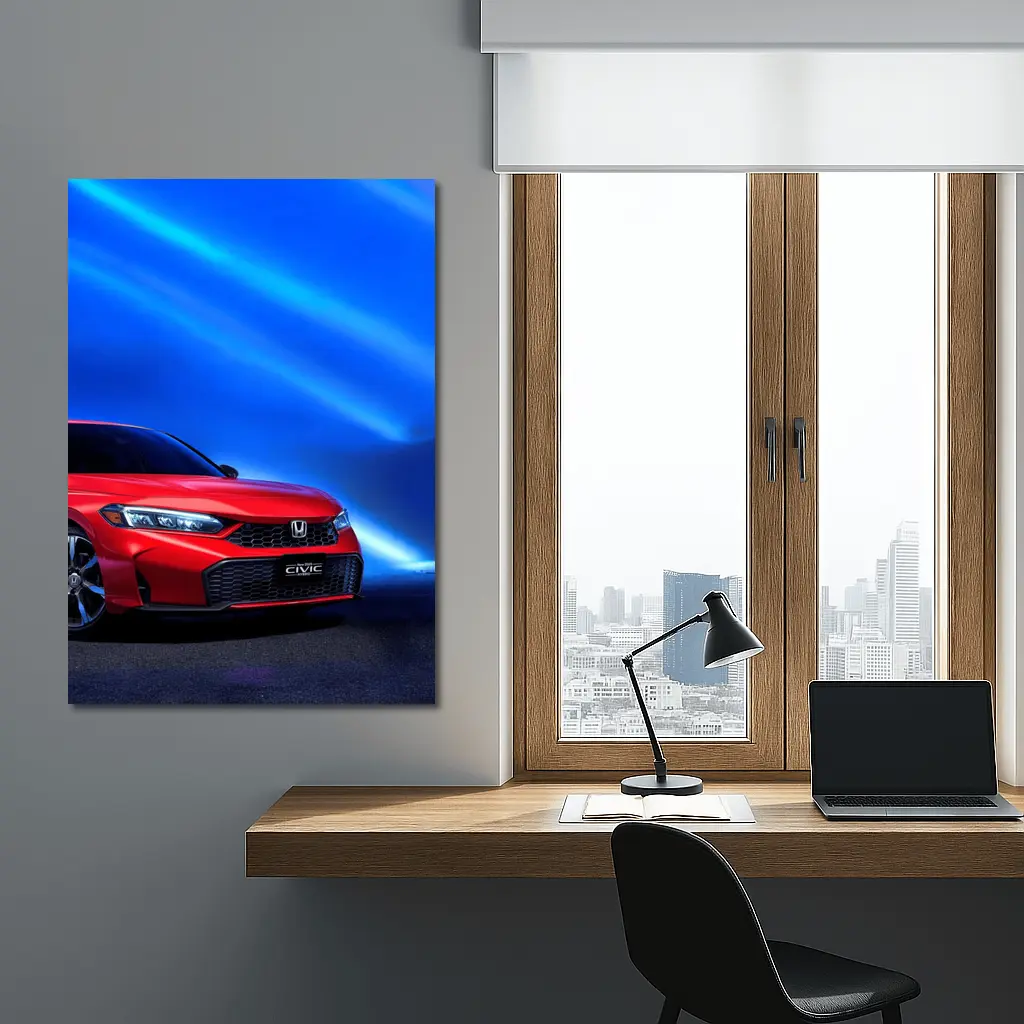 Honda Civic Red Against Blue Neon Background – Wall Art
