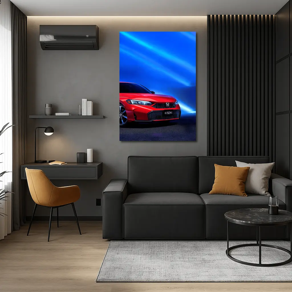Honda Civic Red Against Blue Neon Background – Wall Art