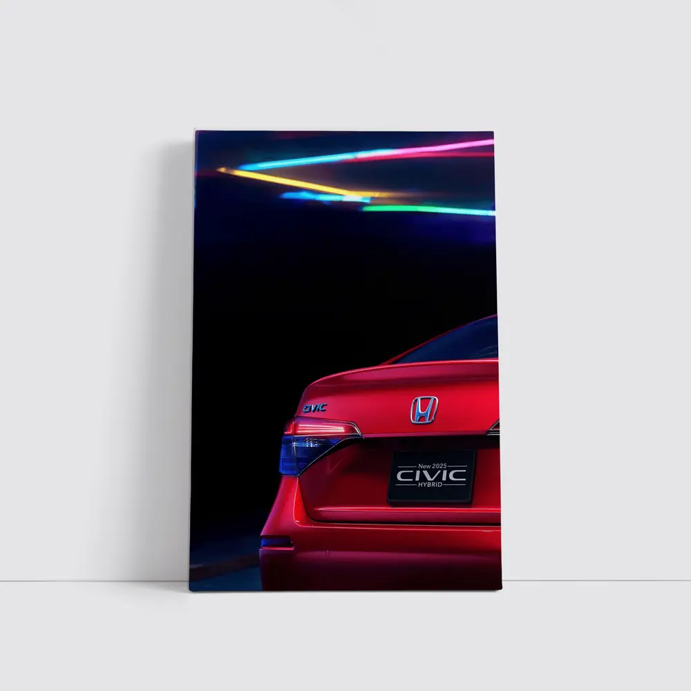 Honda Civic Hybrid Red Neon Dark Background – Wall Art