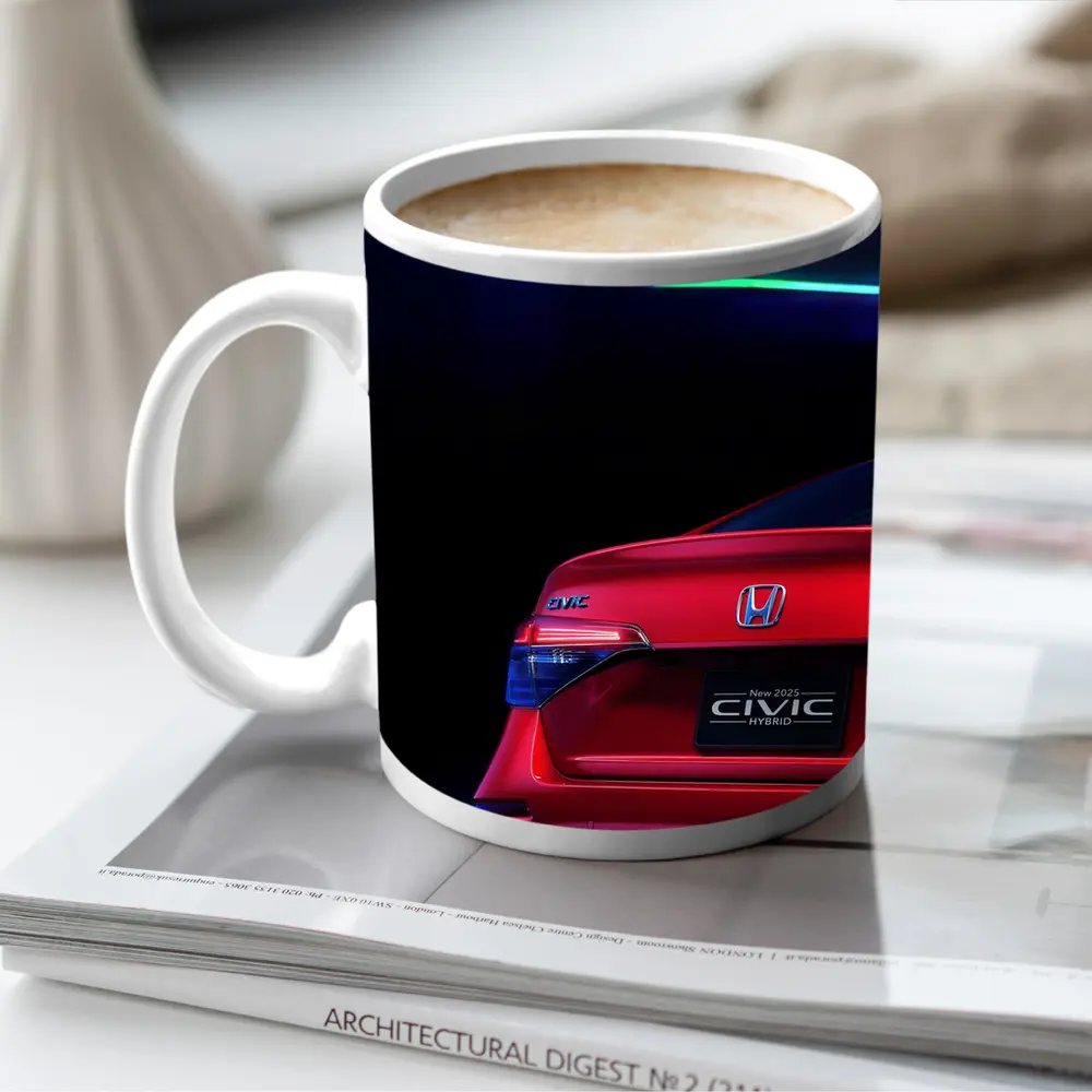 Honda Civic Hybrid Red Neon Dark Background – Mugs