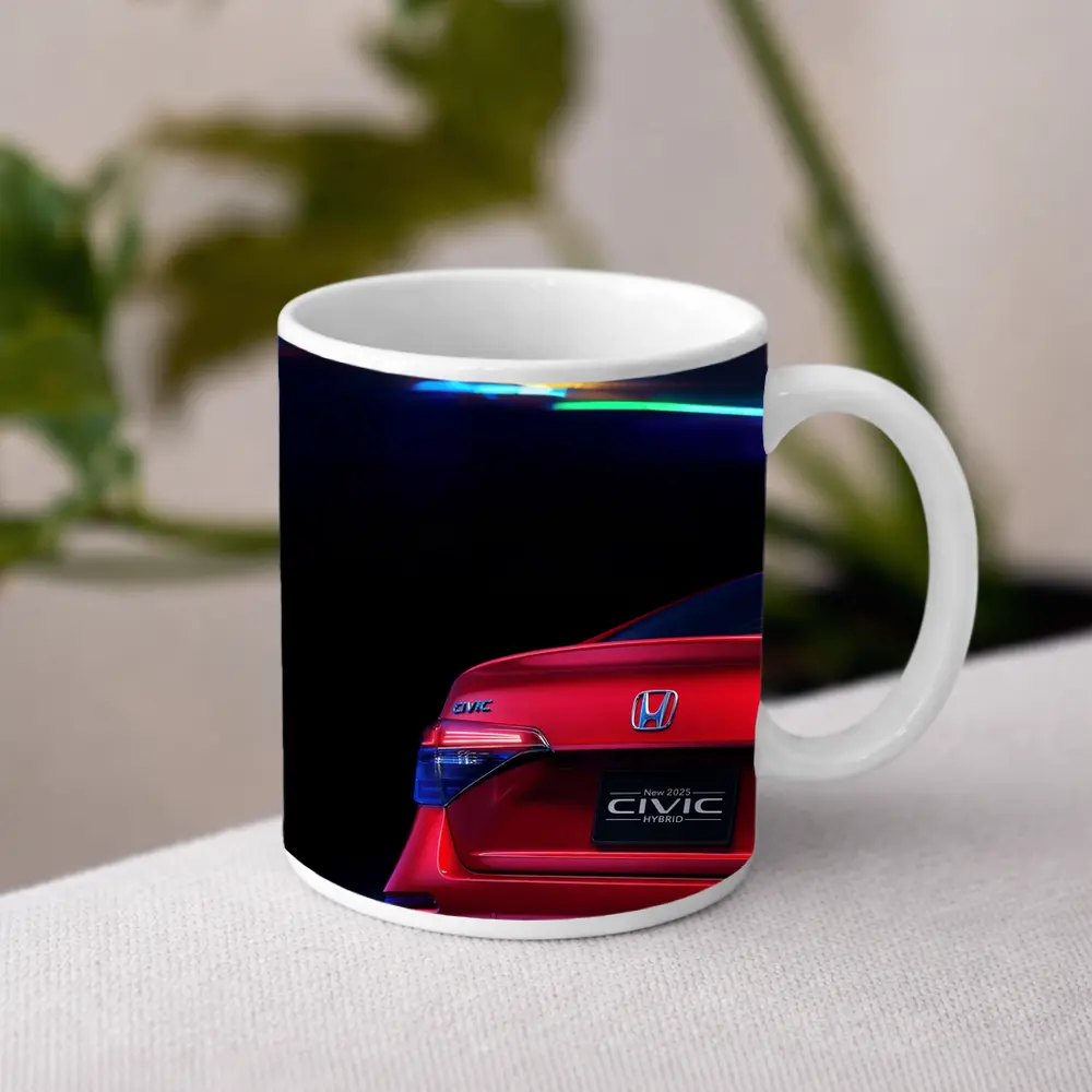Honda Civic Hybrid Red Neon Dark Background – Mugs