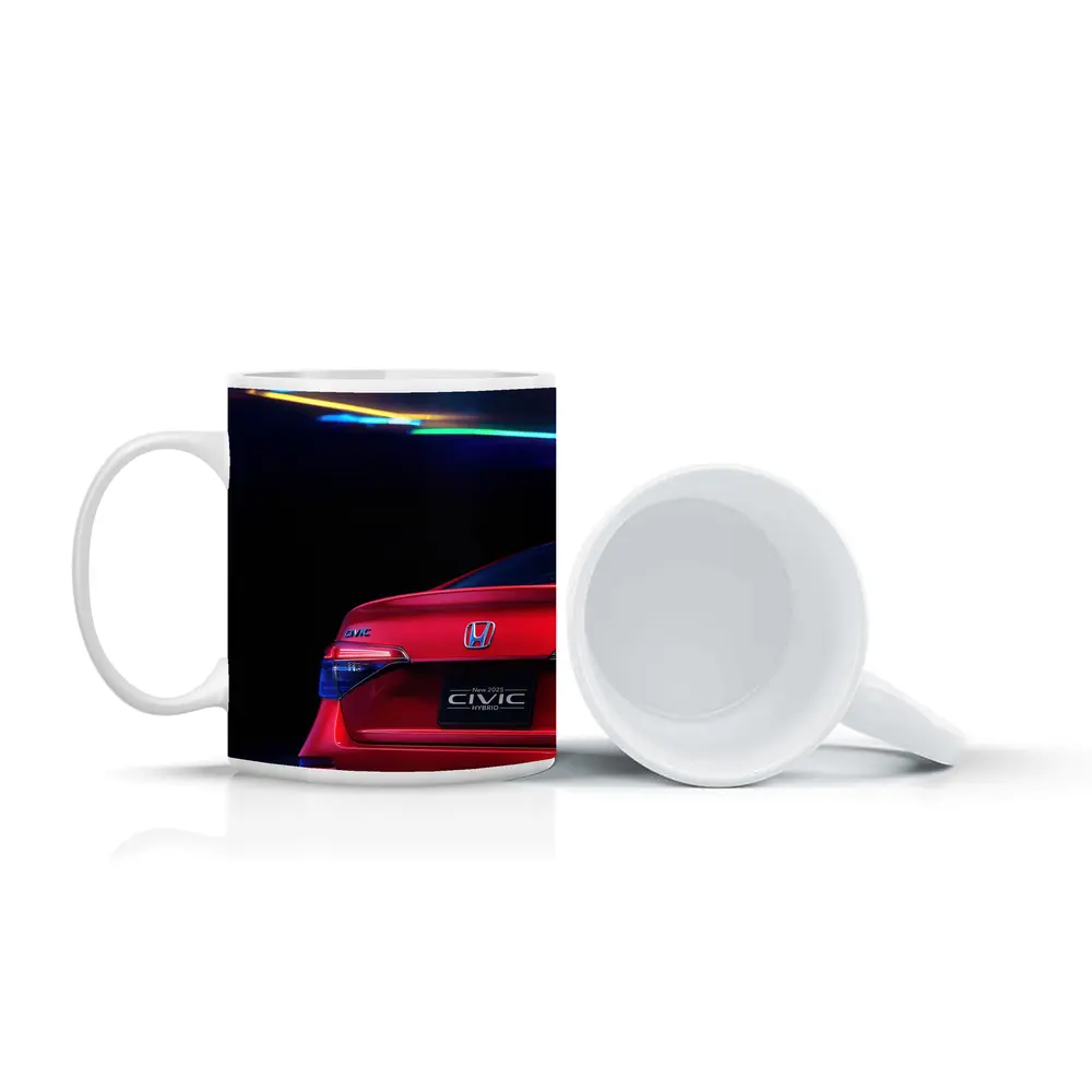 Honda Civic Hybrid Red Neon Dark Background – Mugs
