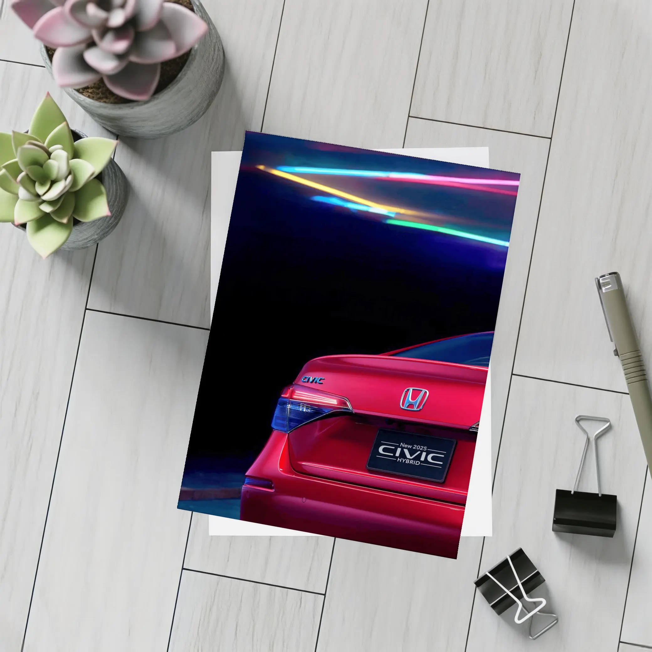 Honda Civic Hybrid Red Neon Dark Background – Postcards
