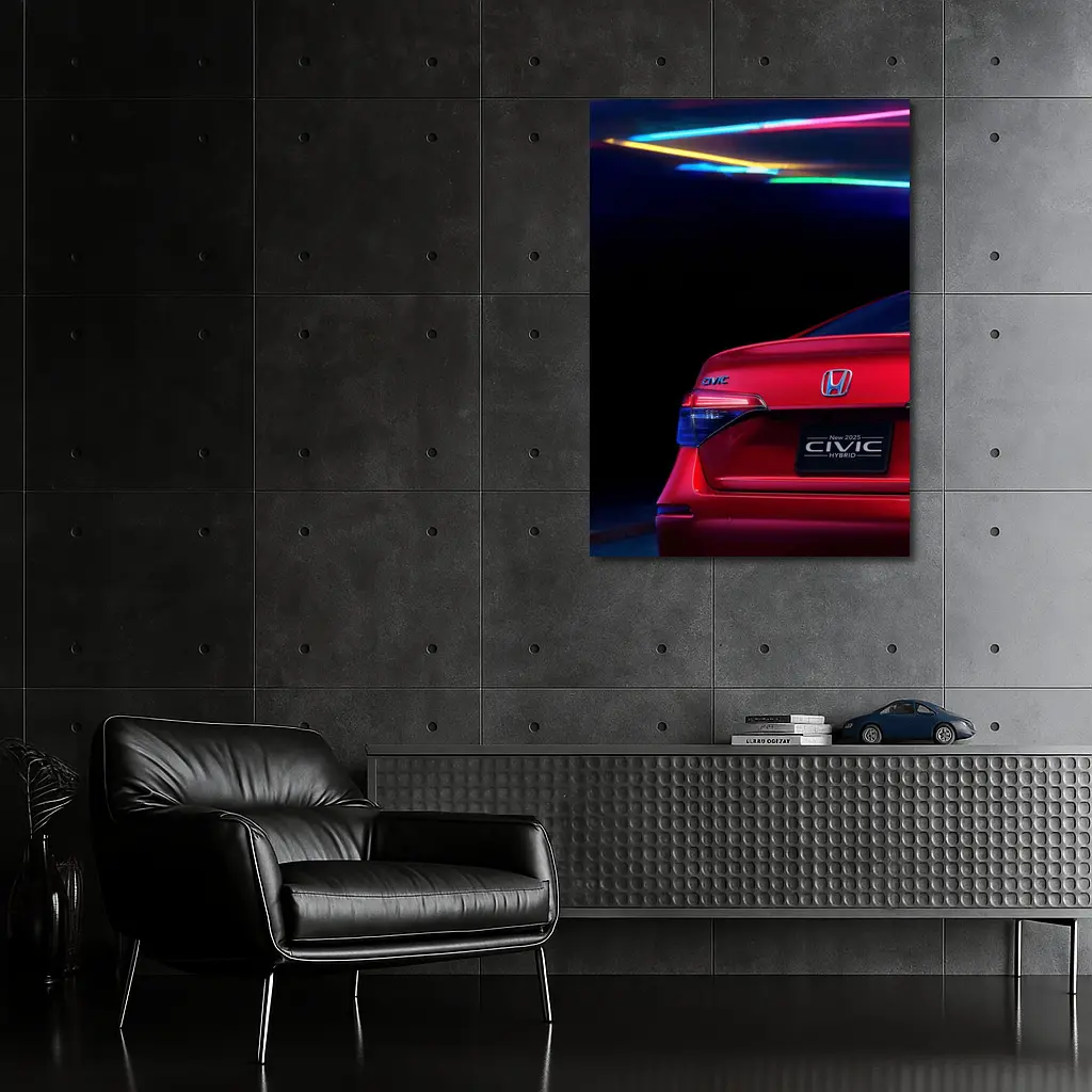 Honda Civic Hybrid Red Neon Dark Background – Wall Art