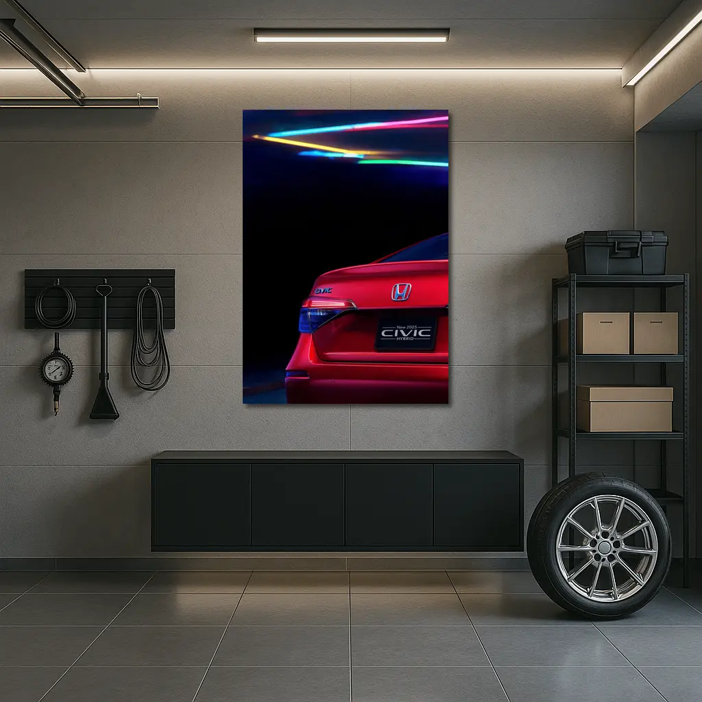 Honda Civic Hybrid Red Neon Dark Background – Wall Art
