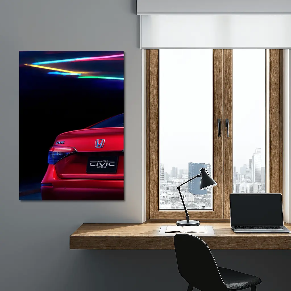 Honda Civic Hybrid Red Neon Dark Background – Wall Art