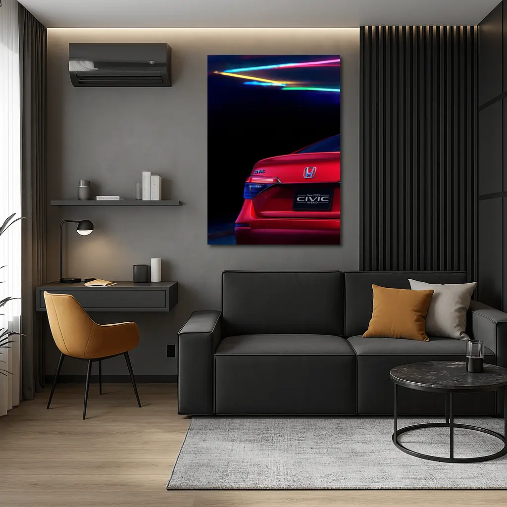Honda Civic Hybrid Red Neon Dark Background – Wall Art