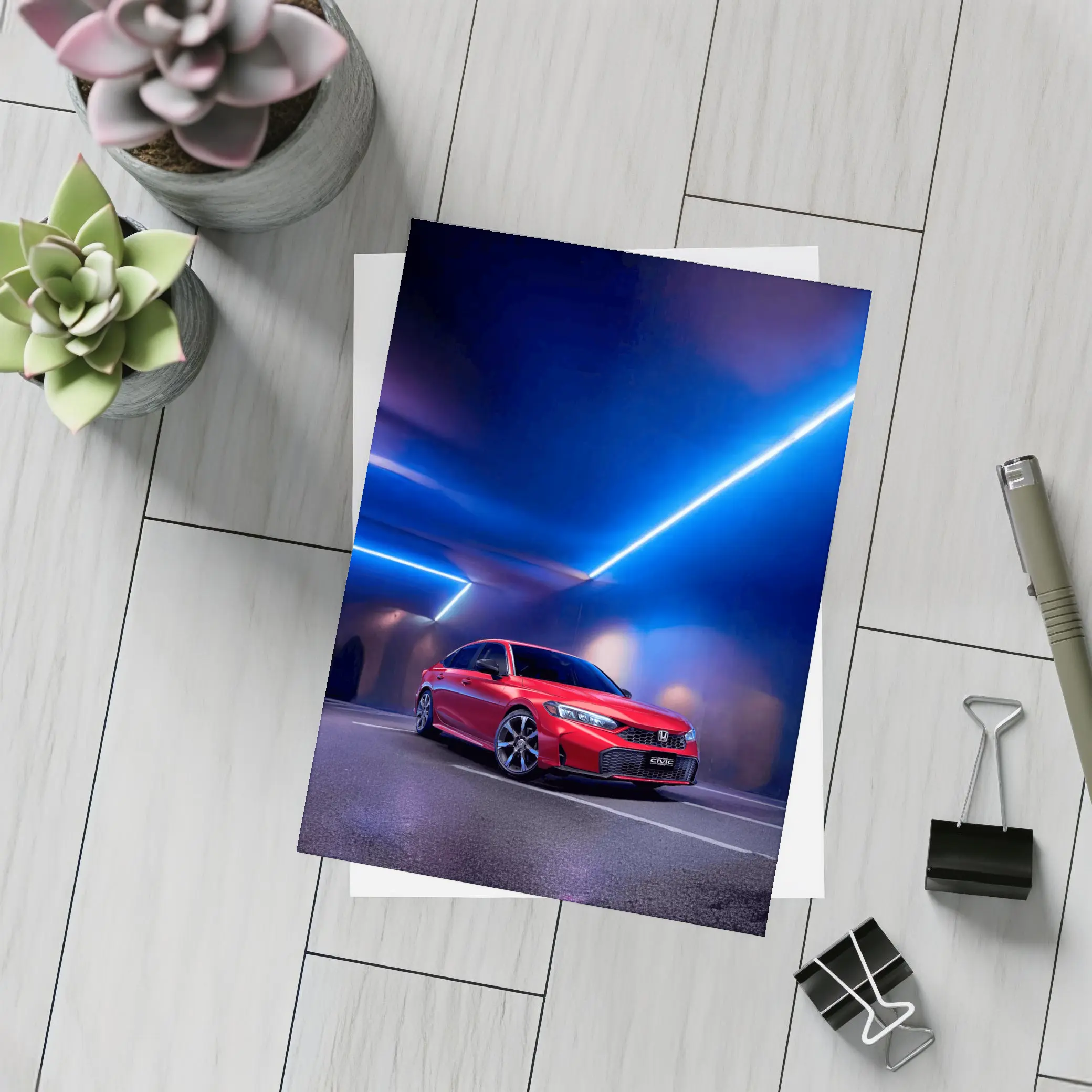 Honda Civic Red Under Blue Neon Lights – Postcards