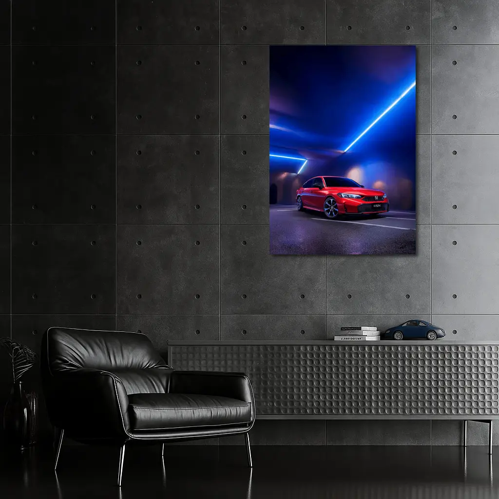 Honda Civic Red Under Blue Neon Lights – Wall Art