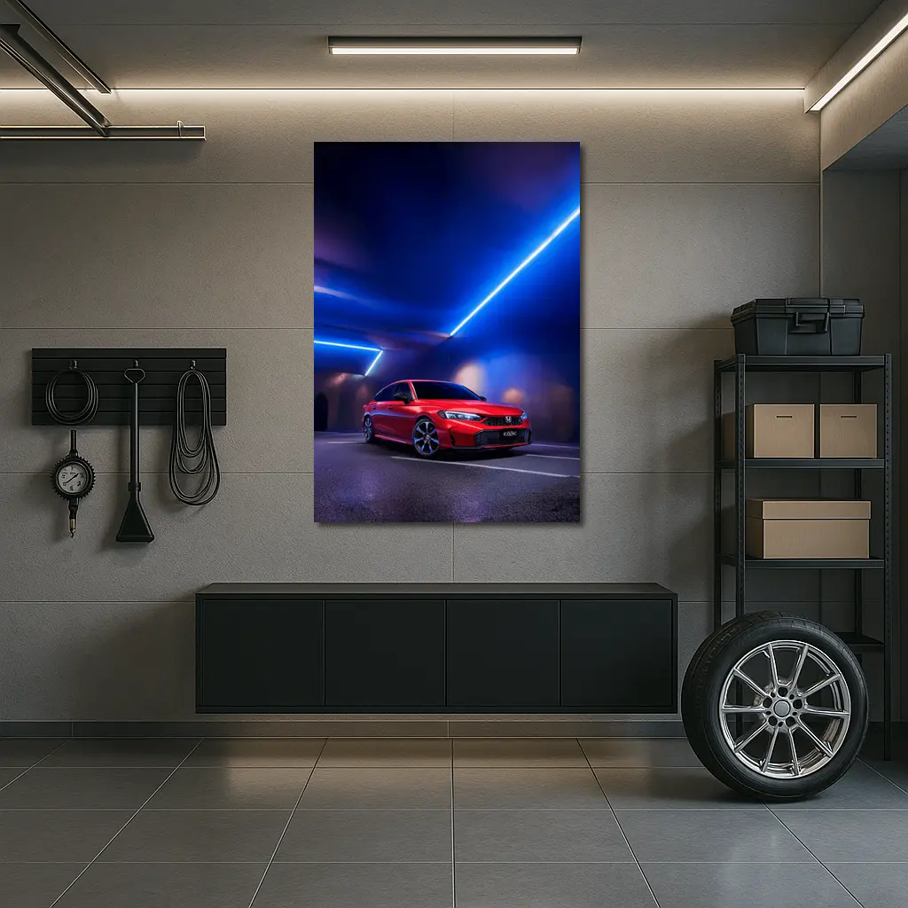 Honda Civic Red Under Blue Neon Lights – Wall Art