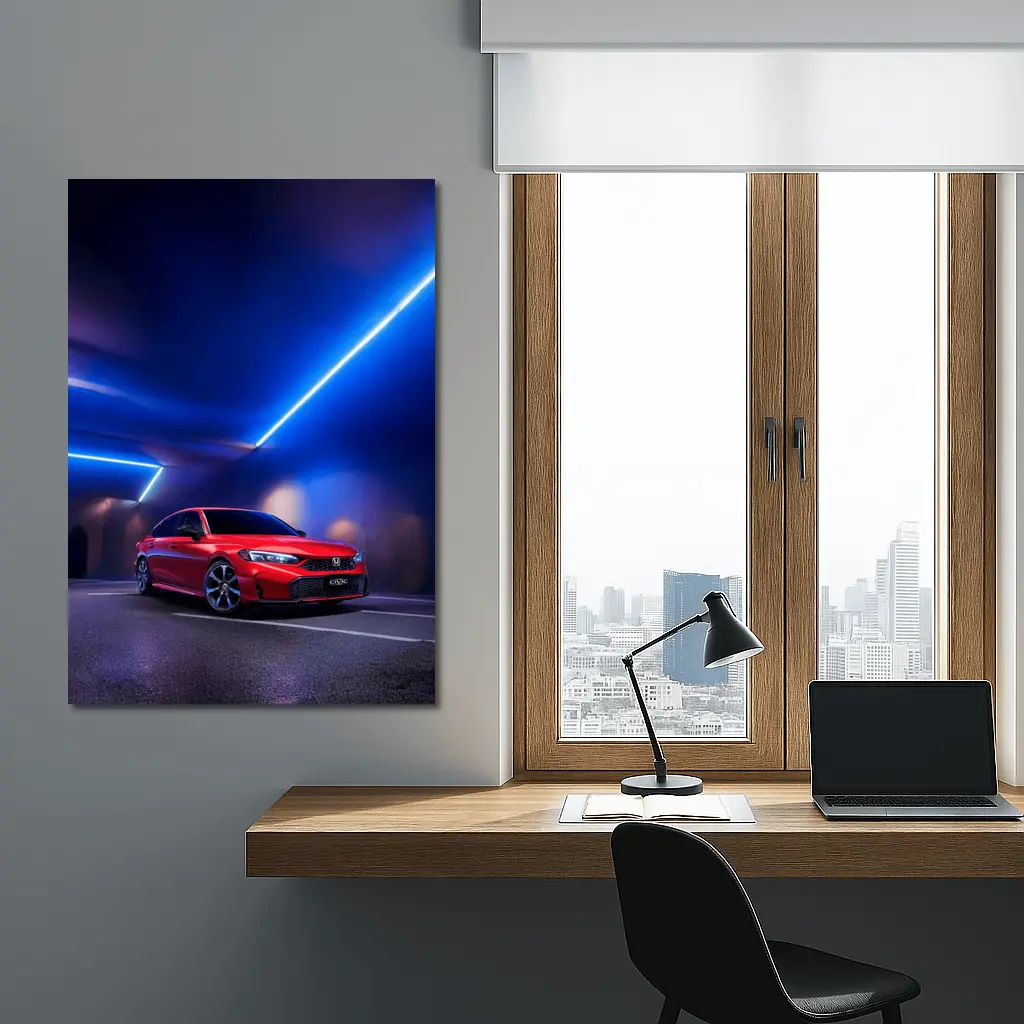 Honda Civic Red Under Blue Neon Lights – Wall Art