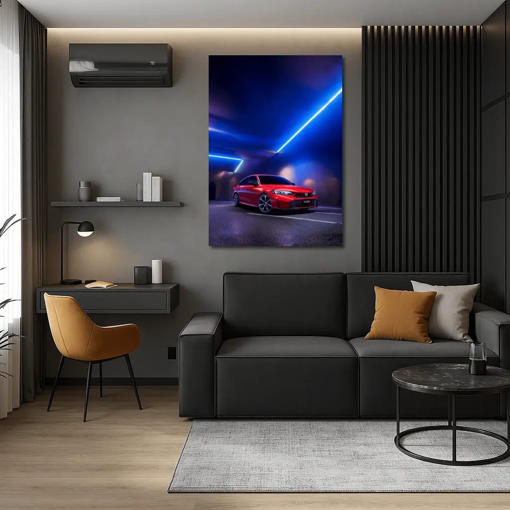 Honda Civic Red Under Blue Neon Lights – Wall Art